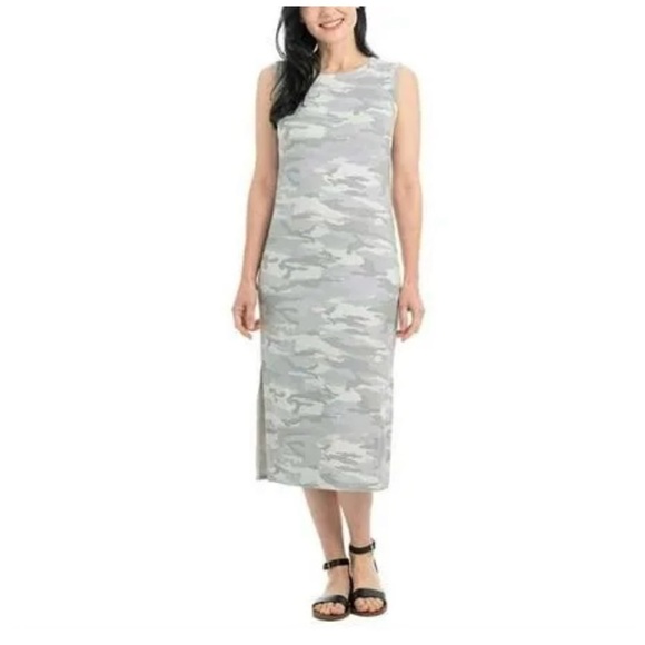 HILARY RADLEY Grey/WHT Camo Crew Side Slit SLVless Beachy Minimal Midi Dress XL